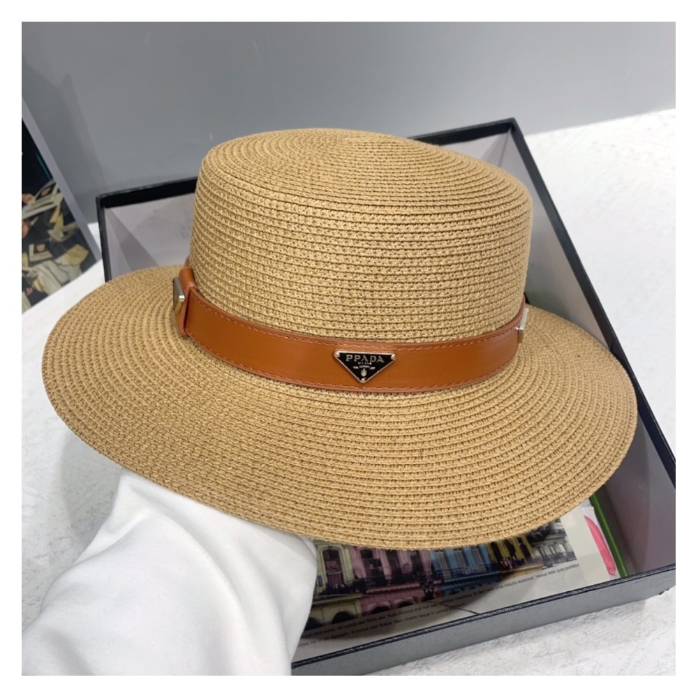 TBkicks Pr*da Flat Topped Straw Hats Khaki