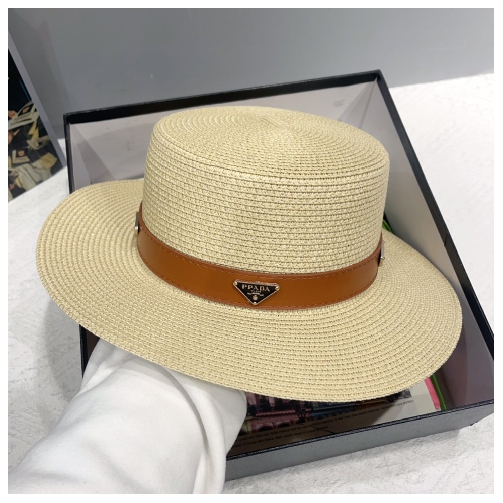 TBkicks Pr*da Flat Topped Straw Hats Beige