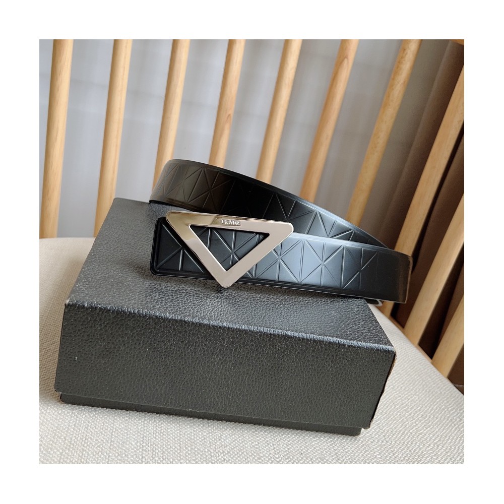 TBkicks Prada Embossed Leather Belt Black & Silver 3.5CM