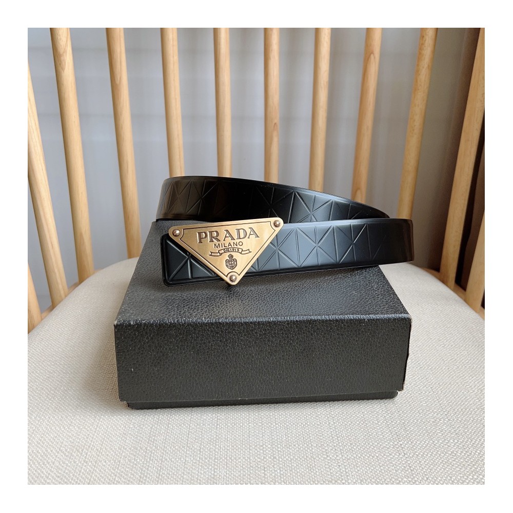 TBkicks Prada Embossed Leather Belt Black & Gold 3.5CM