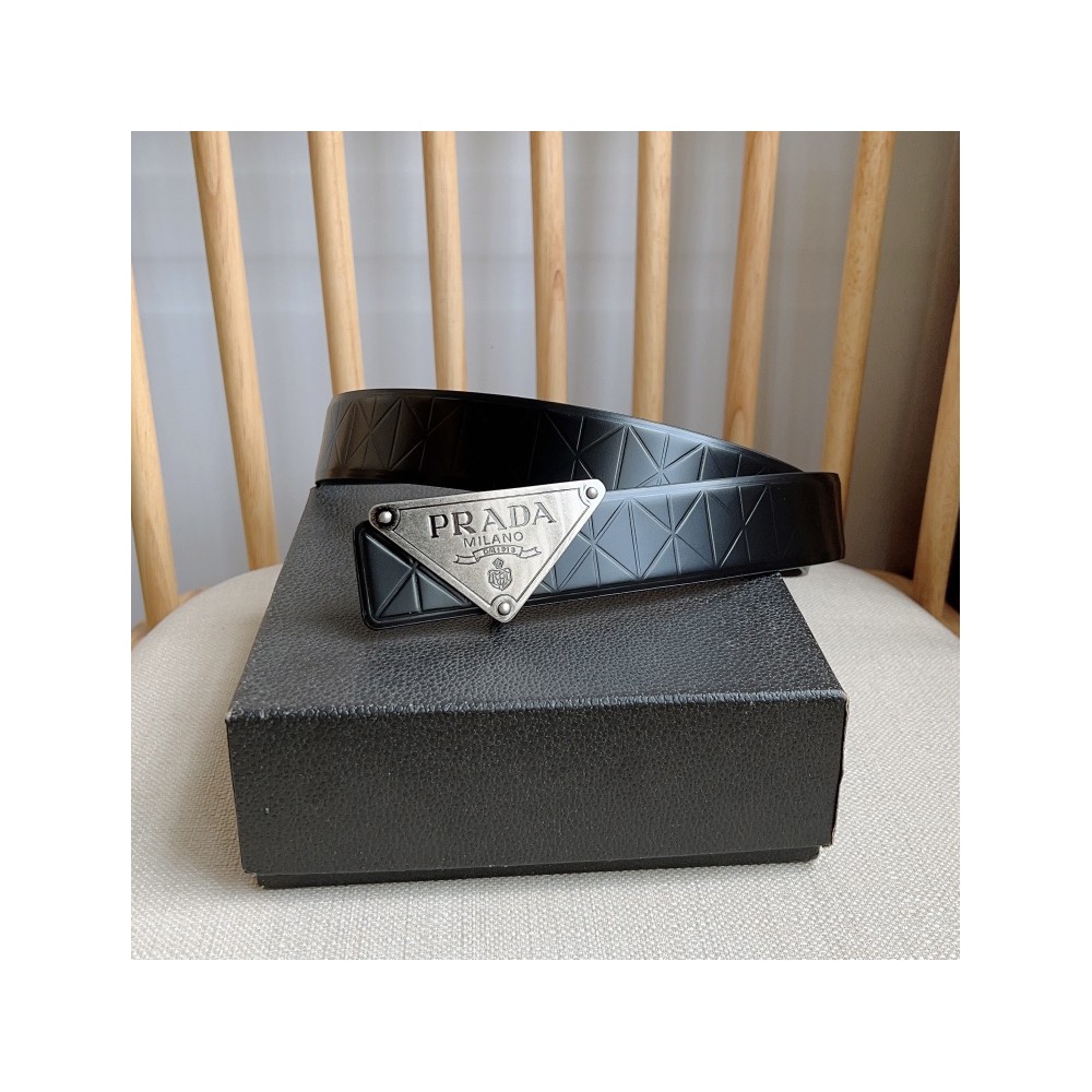 TBkicks Prada Embossed Leather Belt Black & Silver 3.5CM